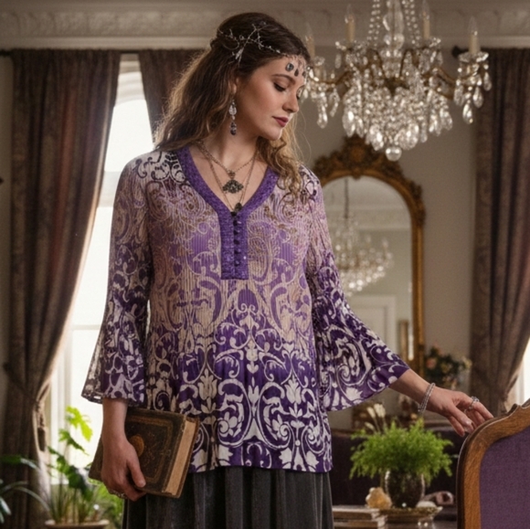 Dress Barn 1X Y2K Romantic Whimsigoth Fairy Grunge Boho Barocque Plisse Tunic - Picture 3 of 14